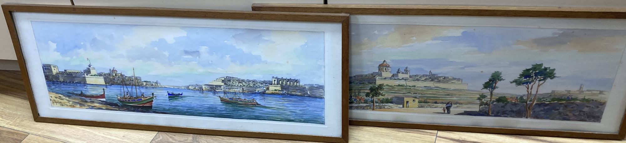 J. Galea, pair of watercolours, Views of Valetta harbour, Malta, signed and dated 1959, overall 24 x 66cm